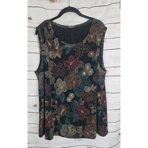 Vikki Vi Black Multi Floral Tank Top Shell 2X Slinky Acetate Spandex Sleeveless